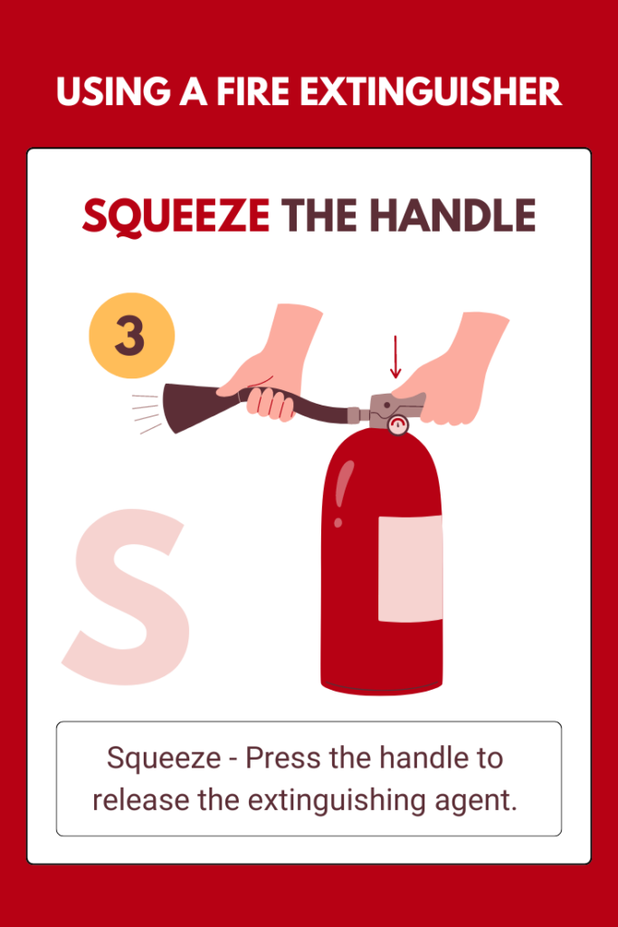 An action diagram showing both hands firmly pressing the handle to activate the extinguisher. Arrows could indicate the direction of pressure applied.